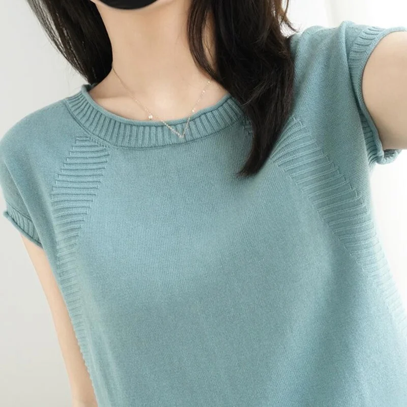 

100% Cotton Plus Size Tshirt Women Short Sleeve Crimping Striped Tee Shirts Knitted O-neck Womens Tshirts