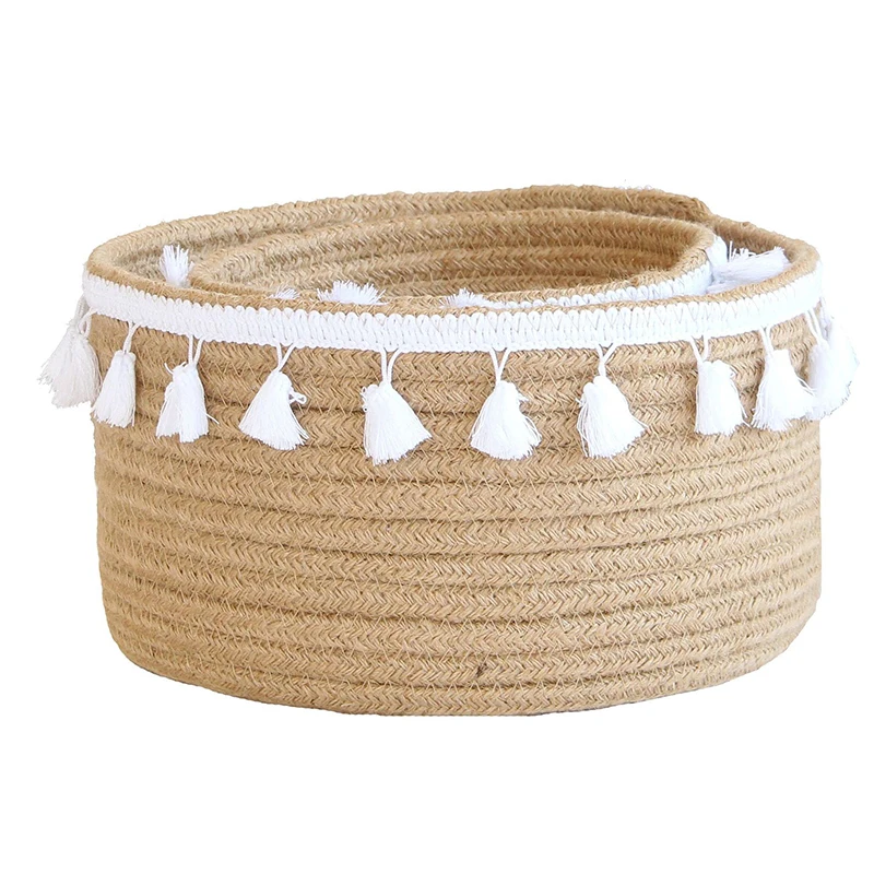 

eco-friendly tassel decor natural woven jute storage basket sundries organizer