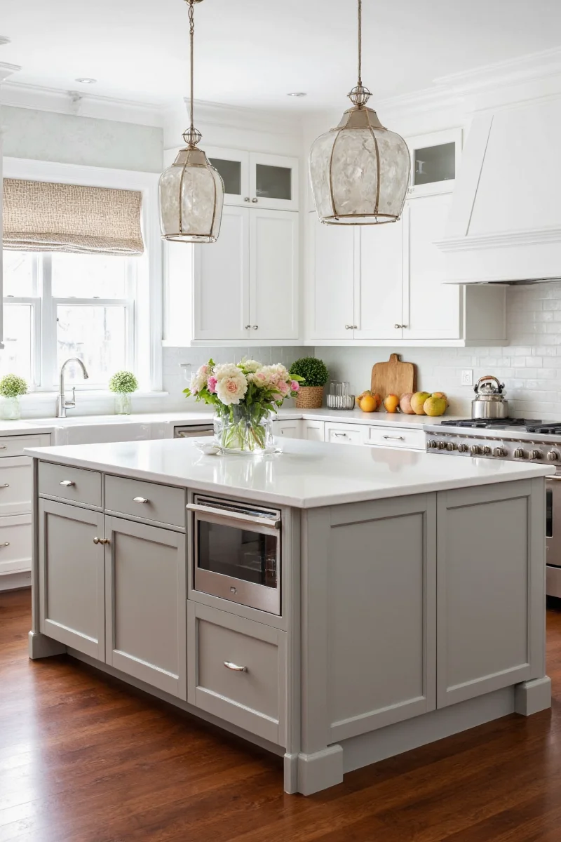 Kitchen island with hooks and baskets for everyday items