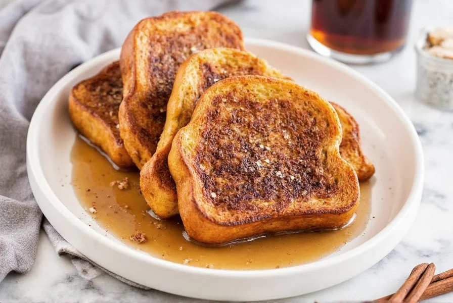 Step-by-step preparation of cinnamon french toast showing bread soaking in custard mixture