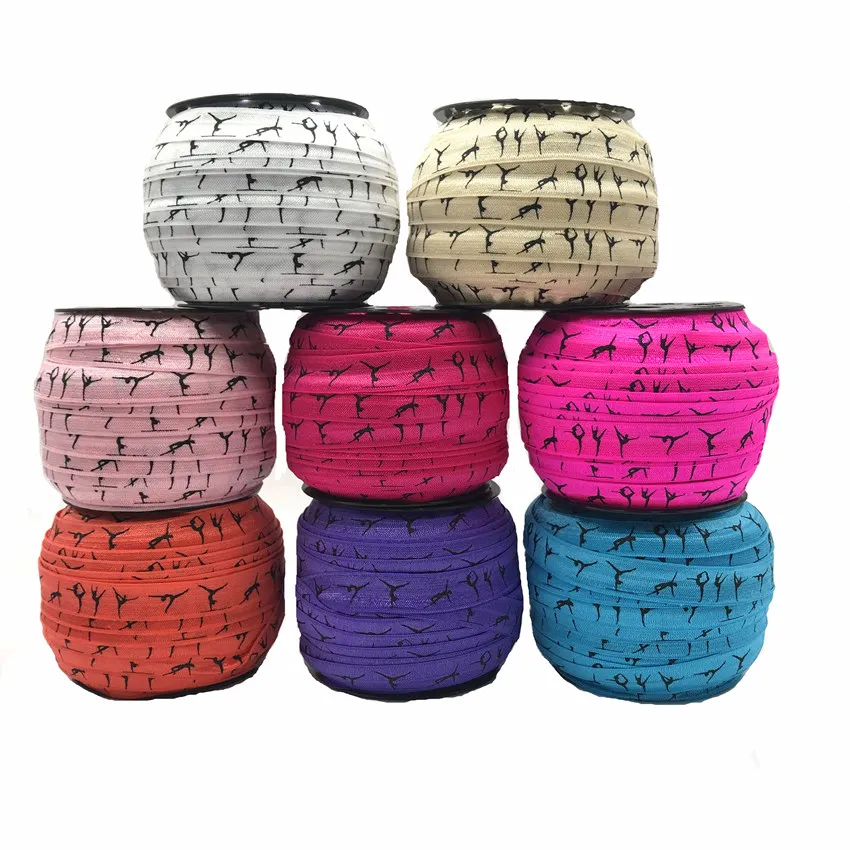 

100 Yards 16mm Gymnastics Sport Print Fold Over Elastic Yoga Decoration Ribbon FOE Elastic for Hair Band Gift Webbing, 8 colors, as per picture