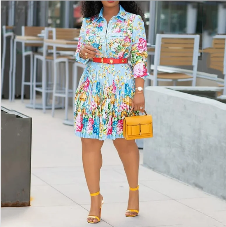 

Autumn Light Blue Turn-down Collar Printed Pleated Lady Casual Dress, Sky blue