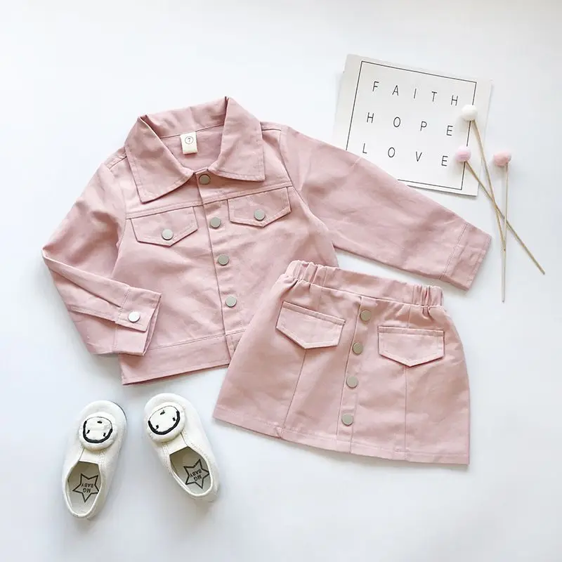 

Korean Style Chic Design Soild Color Button Up Girls Suit 2 Piece Skirt And Top Set With Shoes, Khaki green,pink