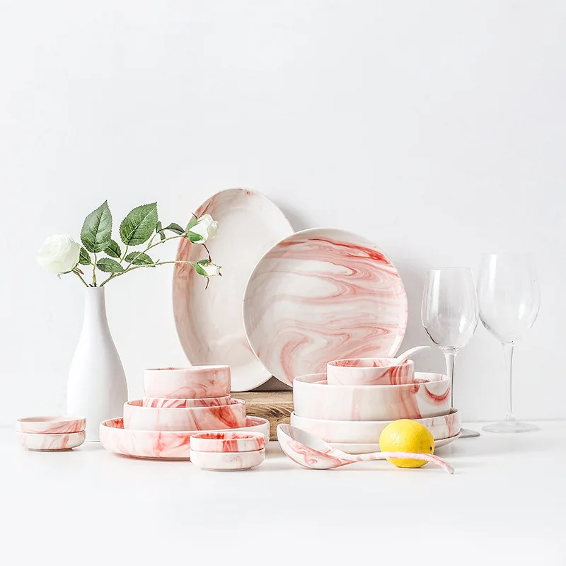

Wholesale Nordic pink Marble Tableware luxury ceramic dinnerware sets
