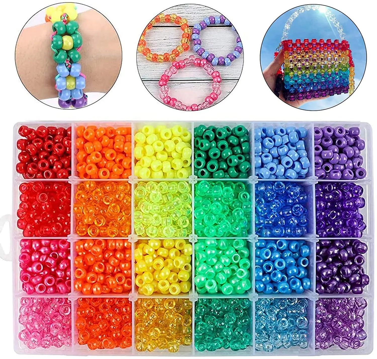 

2880Pcs 24 Colors 4 Styles Large Hole Rainbow Beads Round Beads Set for Crafts, Colorful