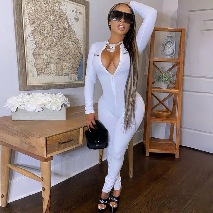 

2021 R09200 - fashion casual sport solid zipper letter long sleeve women jumpsuit