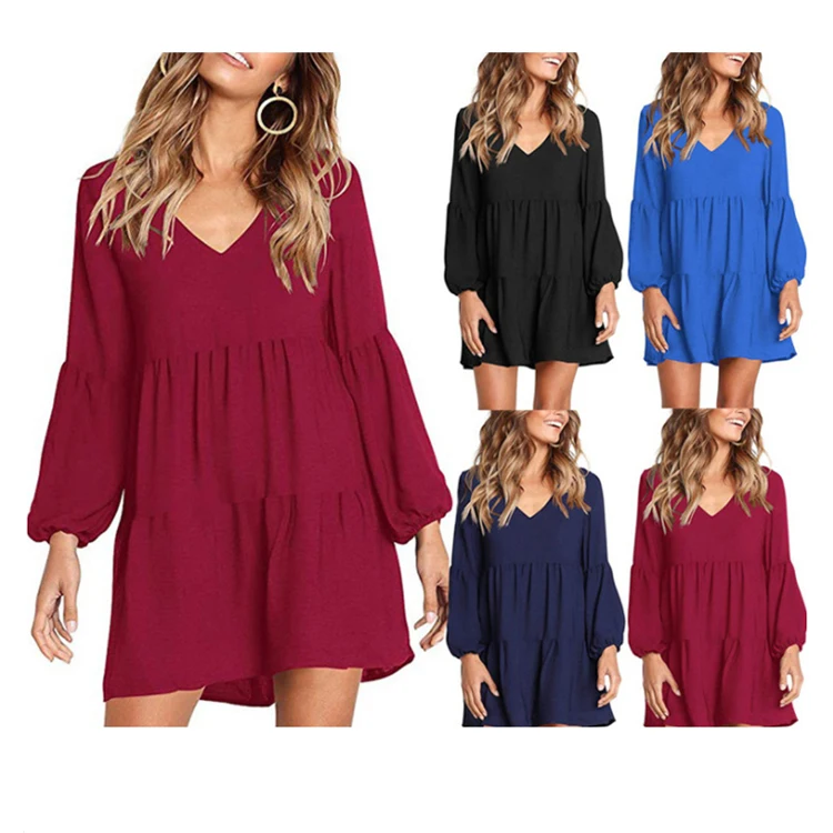 

2020 Amazon Hot Sale women clothing 4 Colors Fall V-Neck Long Sleeve womens dress, Customized color/as show