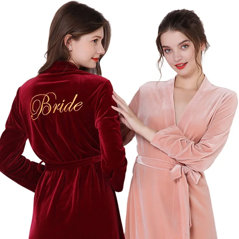 

Personalize Robe Wedding Bridal Dressing Gown Velvet Embroidery Bride Robes Bridesmaid Gift, Wine red,rubber red,etc