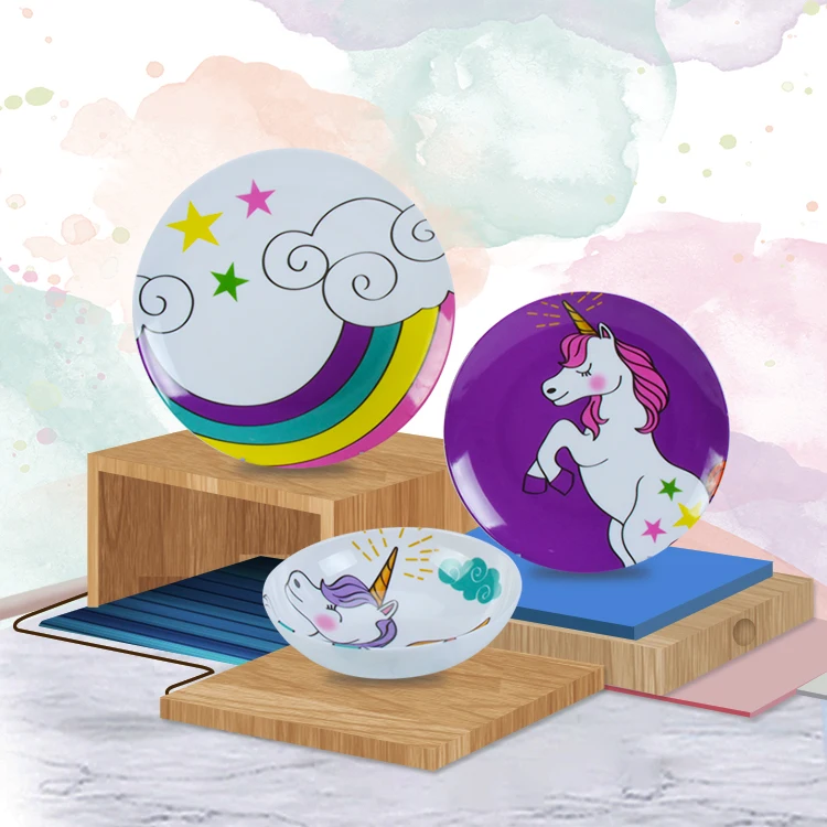 

High grade eco friendly unicorn pattern dinner plate bowl sets prices unbreakable melamine kids dinner set