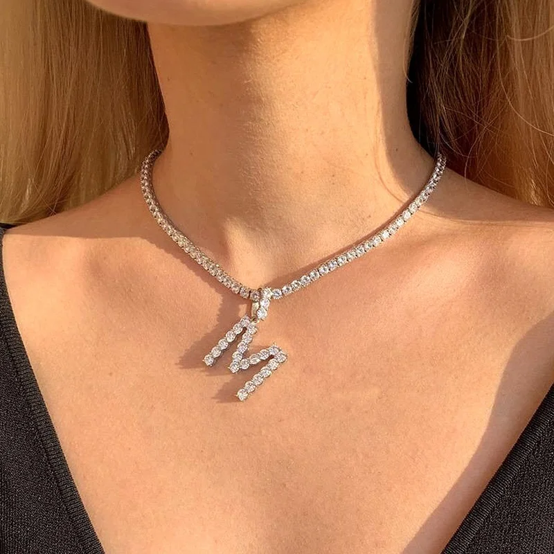 

Vintage Alphabet Iced Out Tennis Necklace Zircon Diamond Initial Letters Pendant Initial Necklace