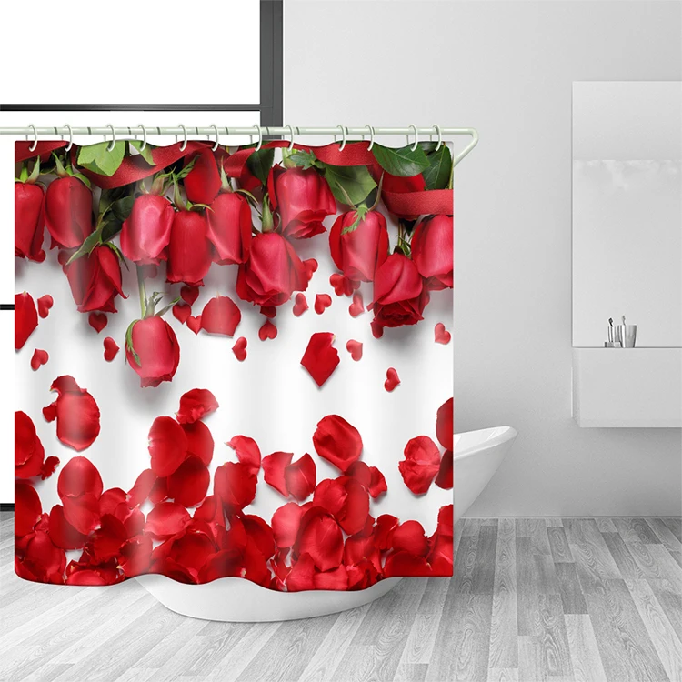 

12 Anti Rust Hooks 180 x 200 cm Waterproof Covered Bathtub Bathroom Curtains Red Rose Petals Print Fabric Shower Curtain Liner, Picture