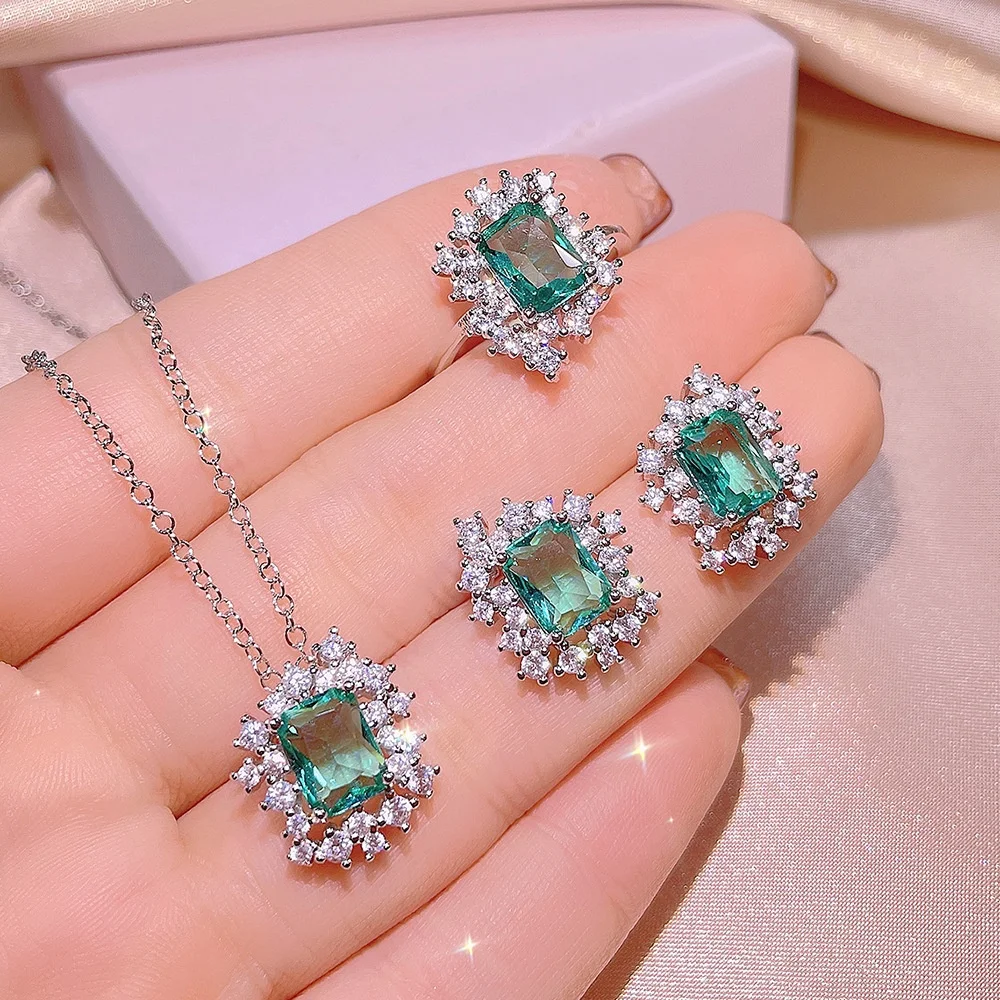 

Luxury Classic Cubic Zircon Earrings Necklace Ring Set For Women Wedding Engagement Fine Jewelry Set