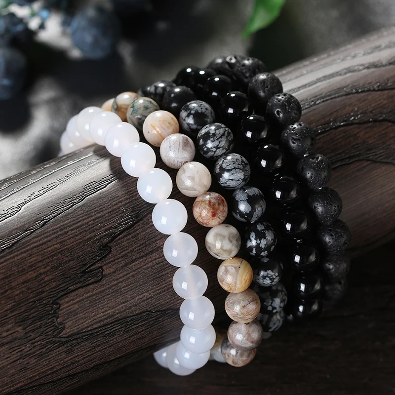 

RINNTIN GMB46 Natural Snowflake Obsidian Picture Jasper Black Agate White Agate Volcanic Rock Natural Stone Bracelet