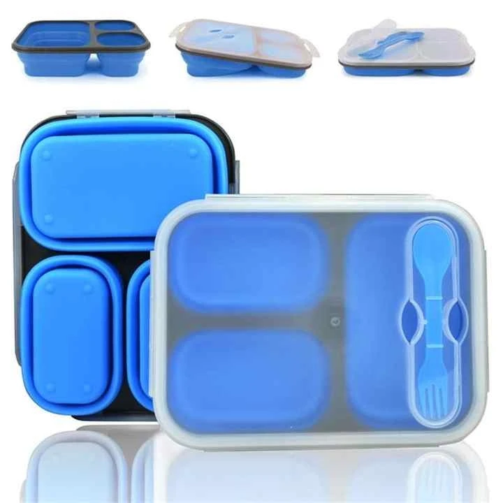 

BPA-free Collapsible Silicone Lunch Box with Spoon Food Storage Container Picnic Camping Outdoor Box, Blue,green,red