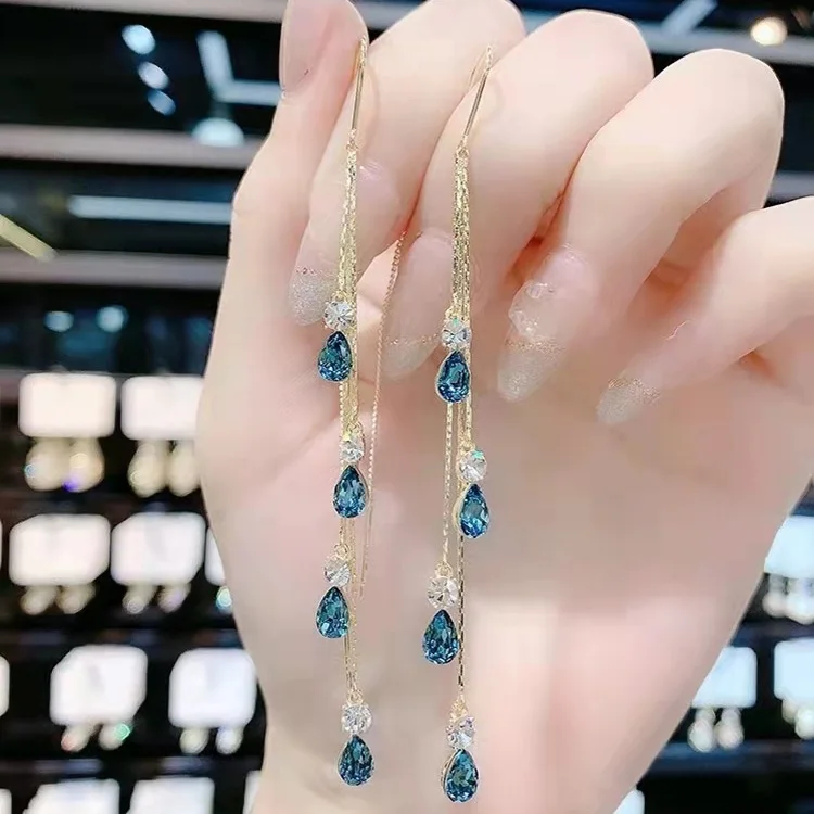 

New Design Temperament Earring Line Blue Red Water Drop Tassel Earring Fashion Girls Long Pendant Earring, As disaply