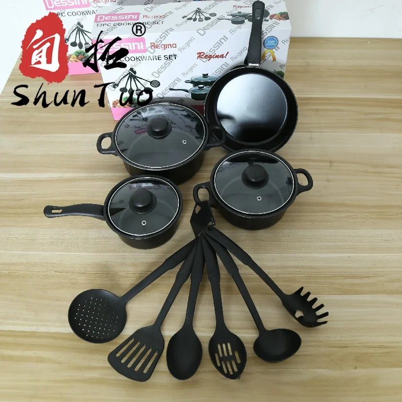 

Dessini induction cover glass 13 pieces saucepan frying pan milk pot enamel cast iron nonstick cookware sets, Black