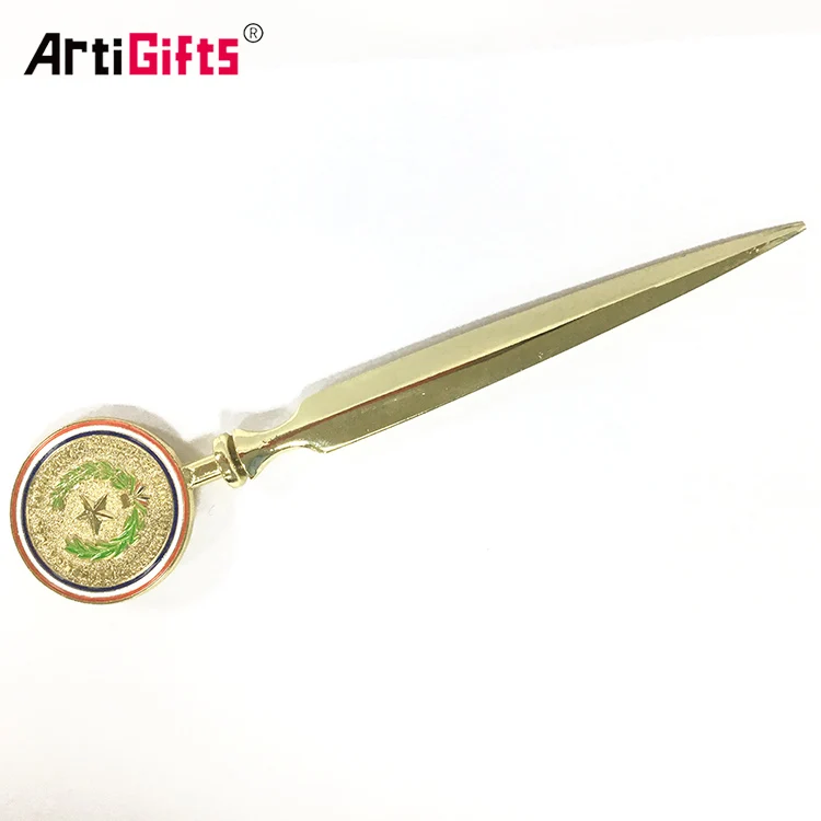 
Promotional Sword Shaped Staple Remover And Manual Custom Logo Antique Brass Envelop Letter Opener 