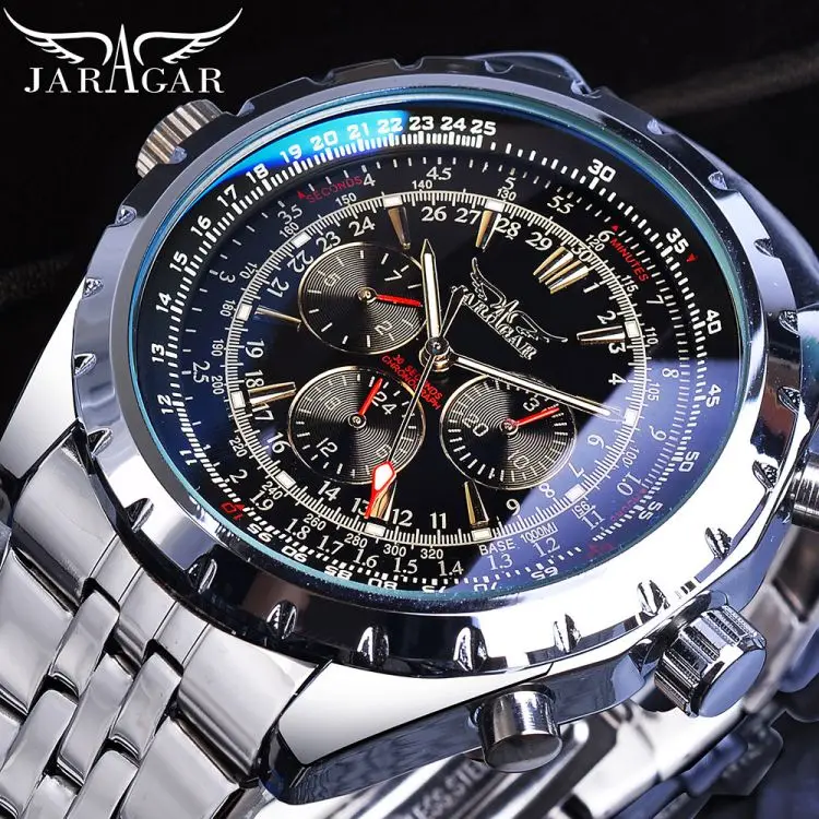 JARAGAR S1144 White Dial Automatic Watch Complete Calendar Silver Stainless Steel Luminous Business Sport Mechanical Date Clock