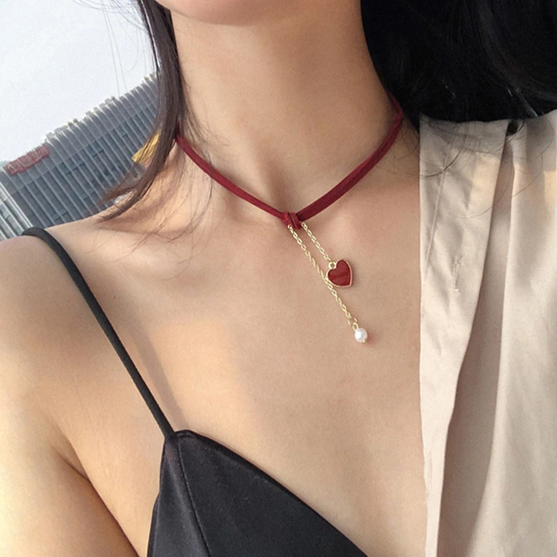 Korean Fashion Red Heart Pearl Chain Necklace Women Female Wedding Party Choker Necklaces Jewelry Simple Ladies Valentine Gifts
