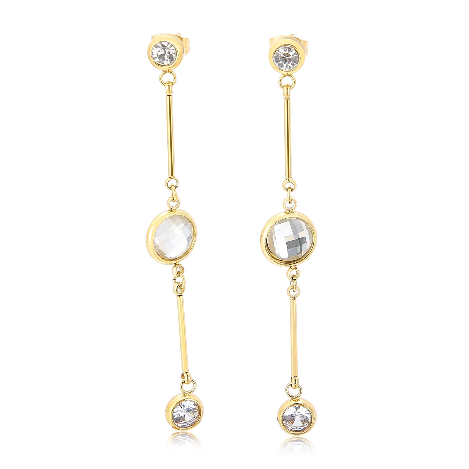 

Wholesale Fashion Round Rhinestone Long Link Earrings Women Stainless Steel Jewelry Earrings, Silver/gold