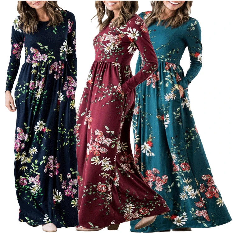 

Wholesale 2022 fashion sexy ladies O-neck long sleeve floral long maxi women Dresses (C9121), Picture