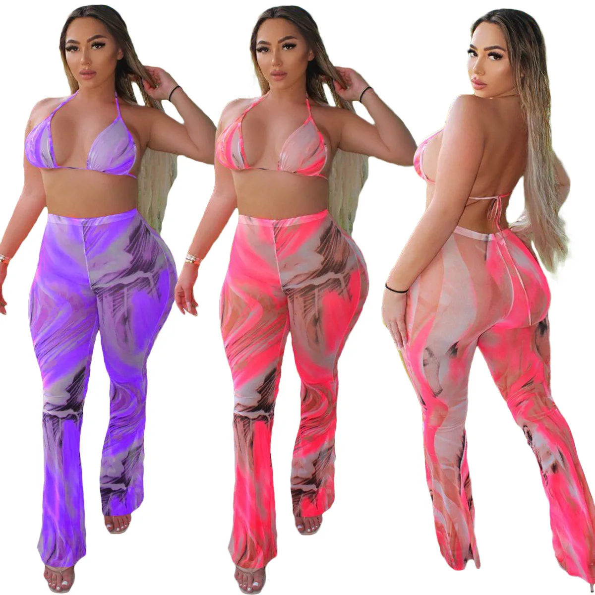 

Latest design print halter two piece swimsuit long pants crop top swimsuits for women backless plus size swimwear, Picture showed