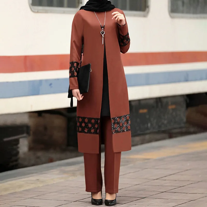 

New Arrivals Muslim Long-sleeve Blouse Pants Suit Middle East Dubai Abaya Casual Two Piece Set Plus Size Muslim Women's Clothing