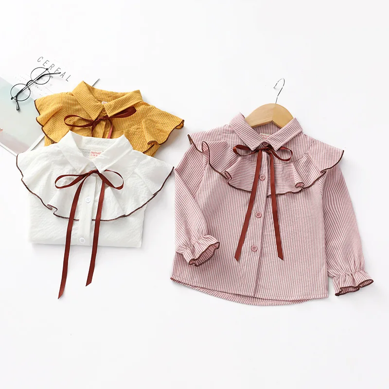 Girls Top 2019 Spring New Korean Fashion Sweet Striped Bow Shirt Baby Girl Lapel Shirt