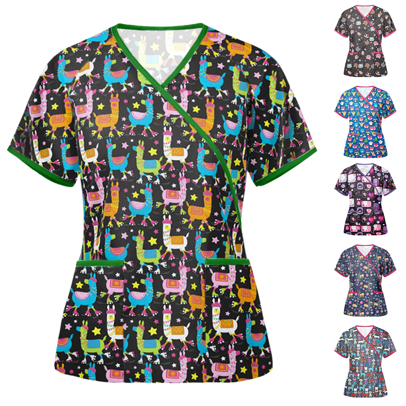 

2021new nurse outfit Christmas print shirt v-neck short-sleeved T-shirt women's scrubs joggers nursing nurses scrub set uniform