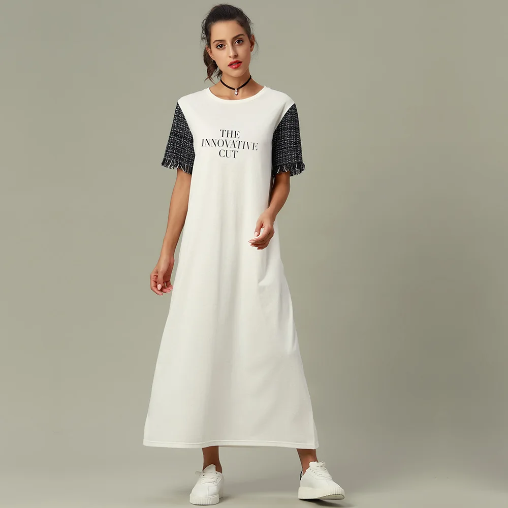 

Summer short sleeve cotton white gray custom letter printed blank logo t-shirt dress skirt girls ladies women t shirt maxi dress