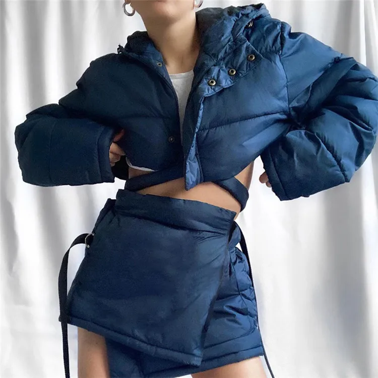 

Puffer Warm Winter 2 Piece Set Women Short Hoodie Zip Bubble Jacket+Skirt Cotton-Padded Matching Streetwear Outfits