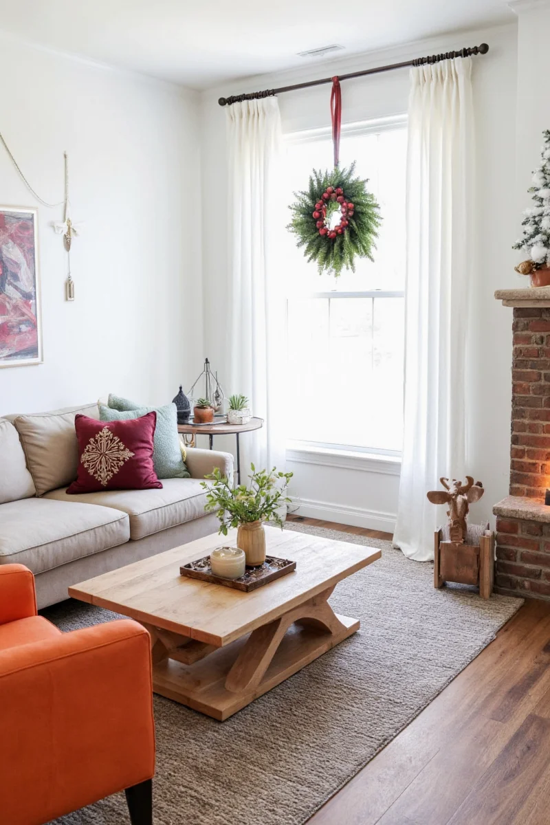 Family-friendly Christmas living room decor setup with pre-lit tree and wreath