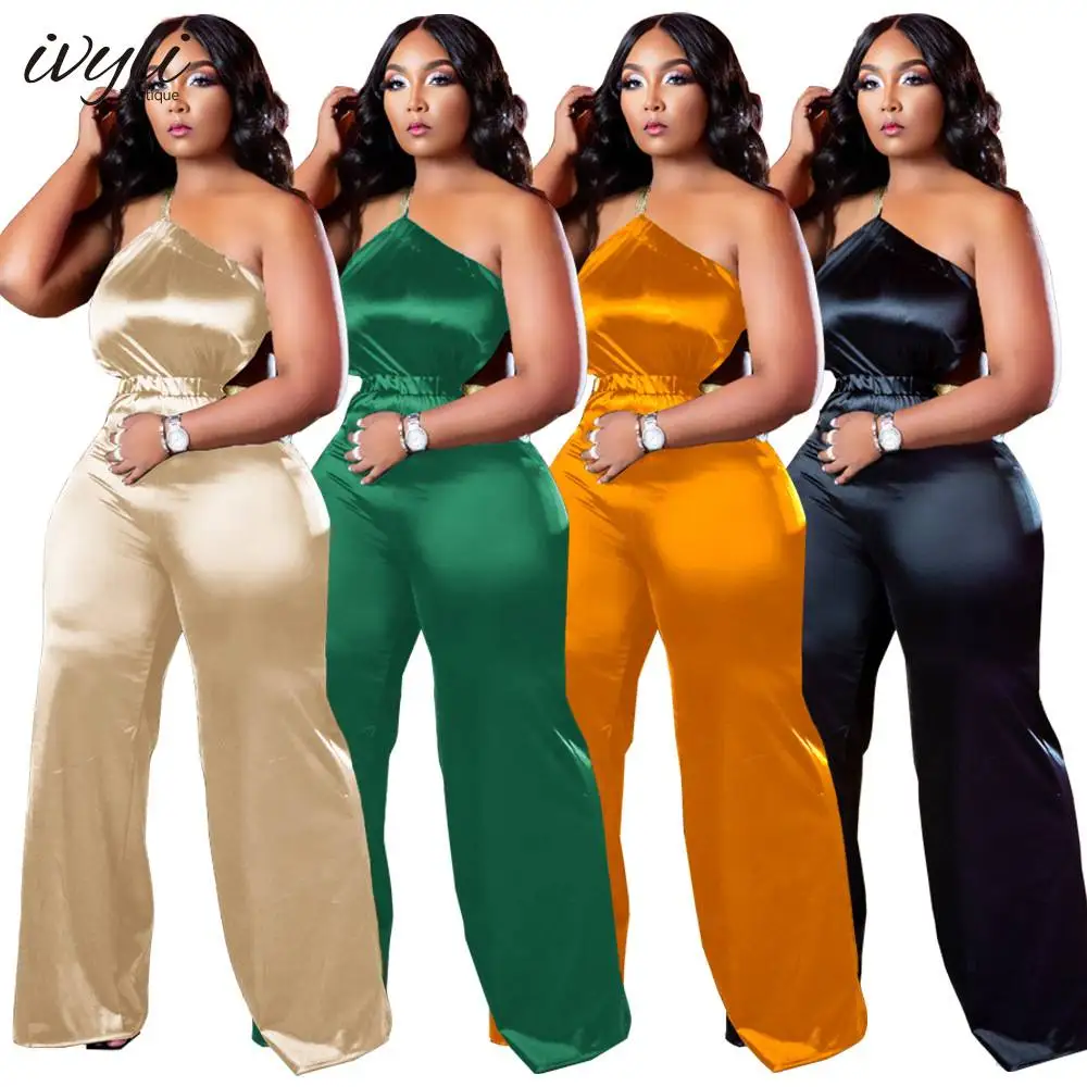 

Women's Sexy One Shoulder Nightclub Wear Reflective Silk Rubber Band Long Wide Leg Pants Jumpsuit Women's Plus Size Jumpsuit