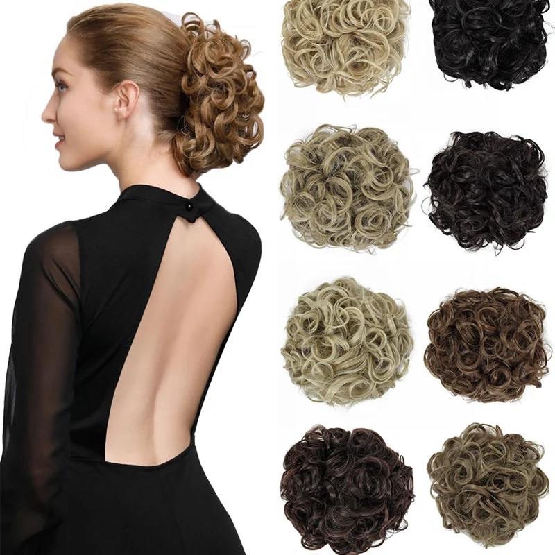 

Messy Curly Hair Bun Extensions Wedding Bun Updo Hairpiece Chignons Easy Stretch Hair Combs Clip in Ponytail Extensions, Natural color