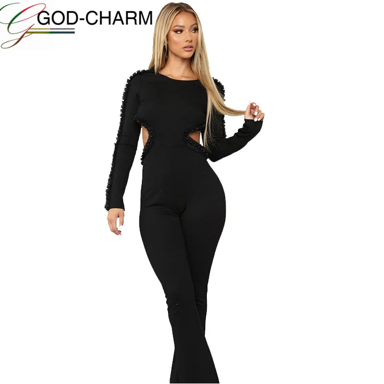 

YH-T002 hot selling black long sleeve backless women trendy sexy bodycon jumpsuit