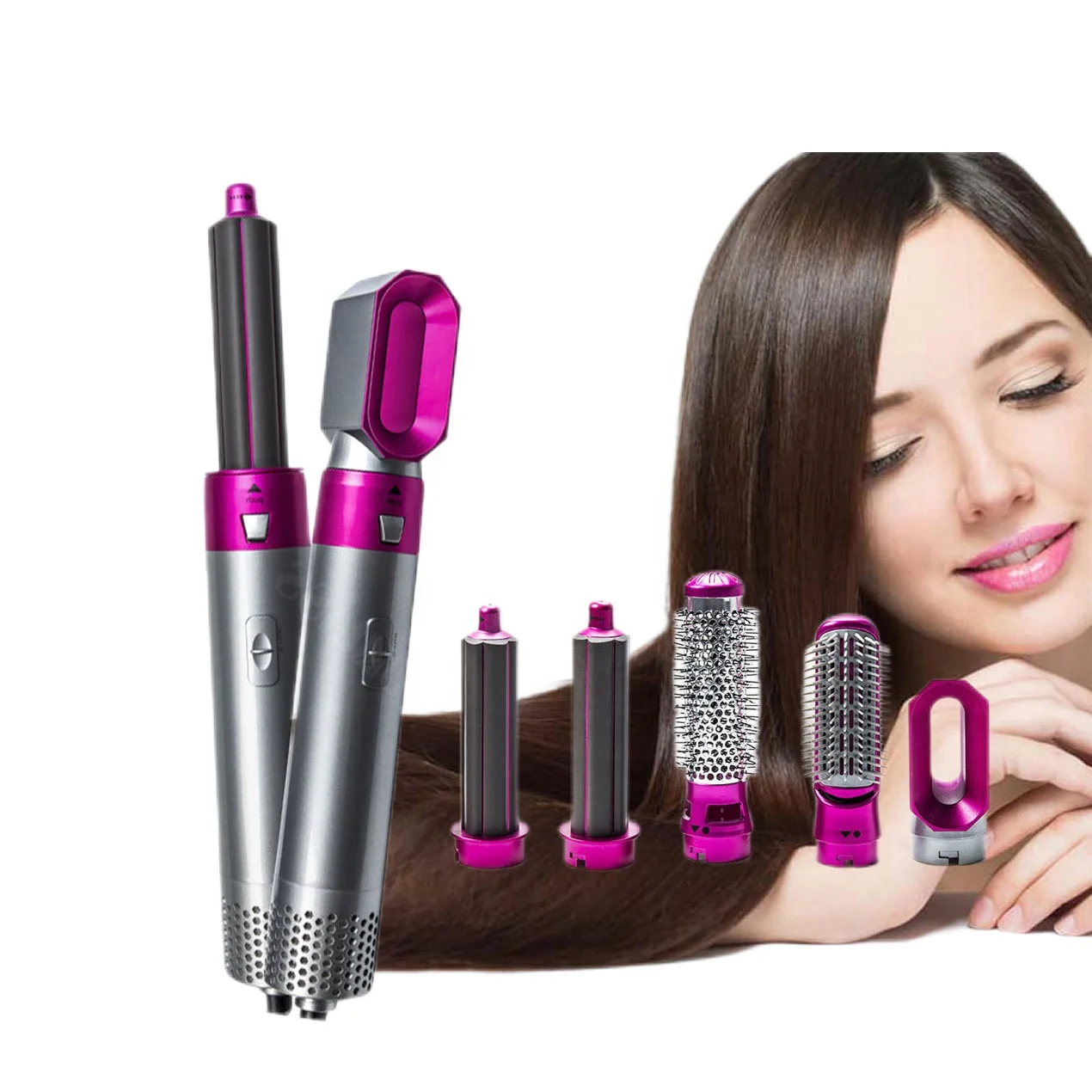 

HEYAMO Electric Hot Comb Hair Curler Brush Straightener Iron Detachable Air Wrap Styler Rotating 5 in 1 Blower Brush Hair Dryer, Purple,pink,black