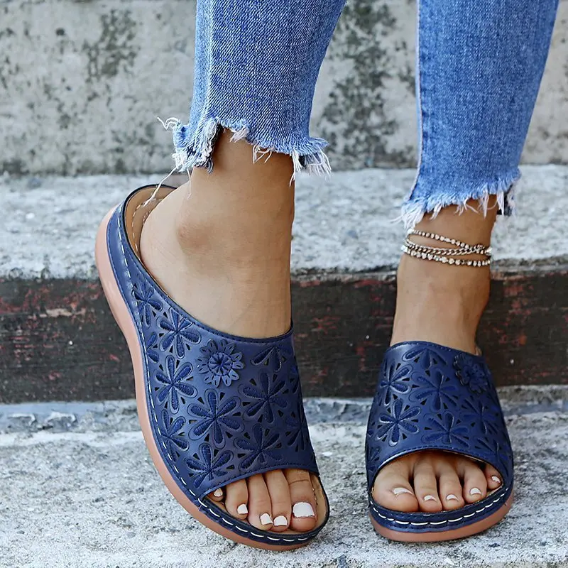 

Embroidered flower hollow out women slippers wedge heel lady soft mules open toe summer outer wear female slides sandals