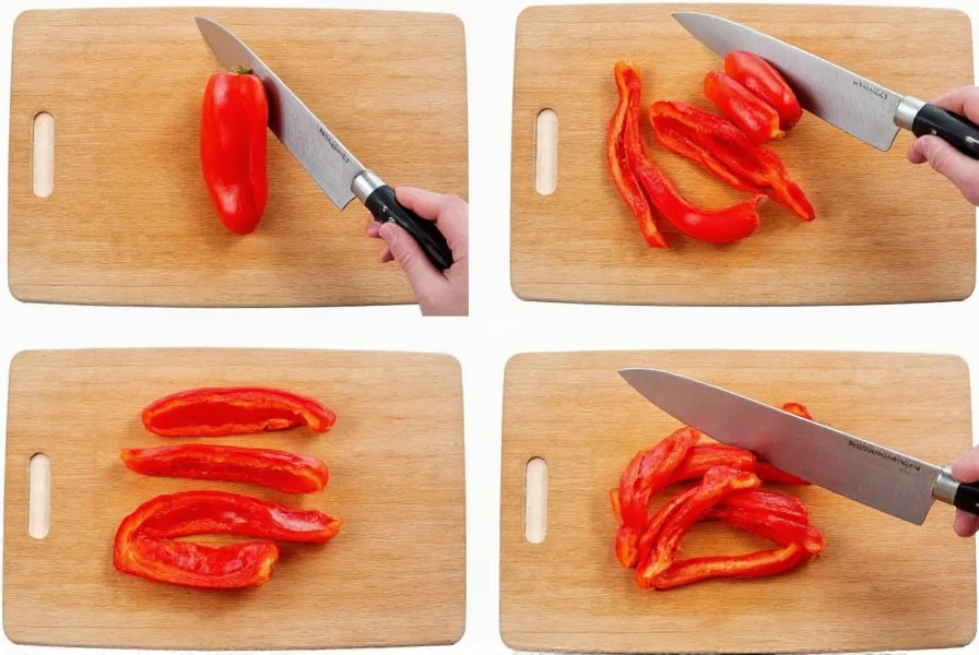 Step-by-step visual guide showing proper technique for how to cut red bell pepper into strips with chef's knife on wooden cutting board