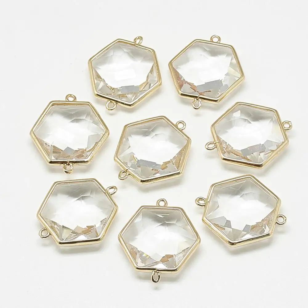 

Pandahall Golden Tone Brass Findings Faceted Hexagon Clear Glass Pendants