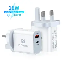 Free Shipping 1 Sample OK CE FCC FLOVEME EU US UK Plug 18W PD Charger USB Mobile Phone Wall Charger for iphone 12 Fast Charger