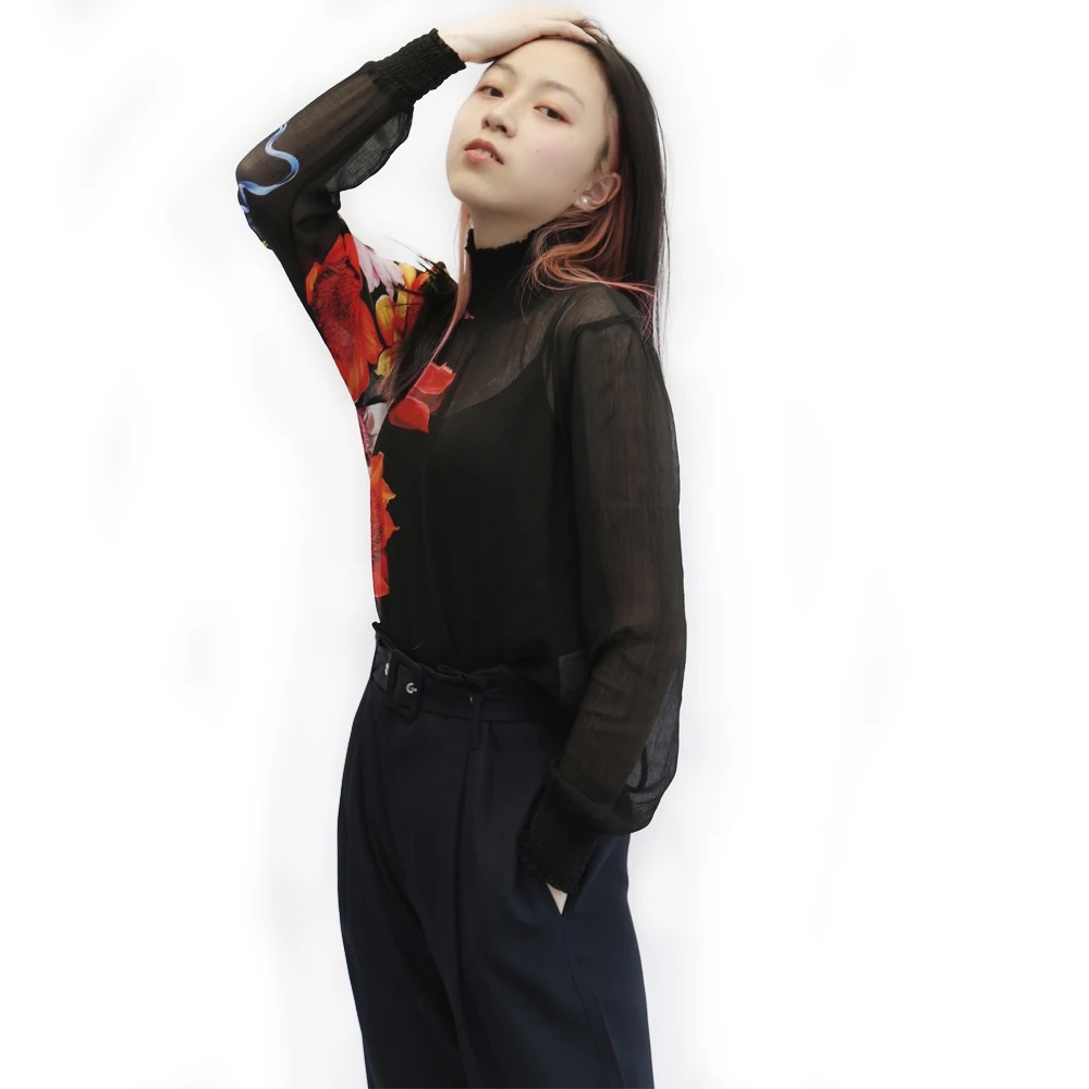 

Highly Cost Effective Turtleneck Long Sleeve Blouse Fashionable Printed Floral Blouse Women Silk Blouse, Floral print