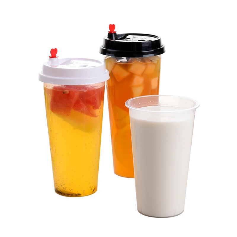 

500ml 700ml 16oz 24oz Injection Molding Plastic Boba Bubble Tea PP Cups Disposable with Transparent Colored Lids