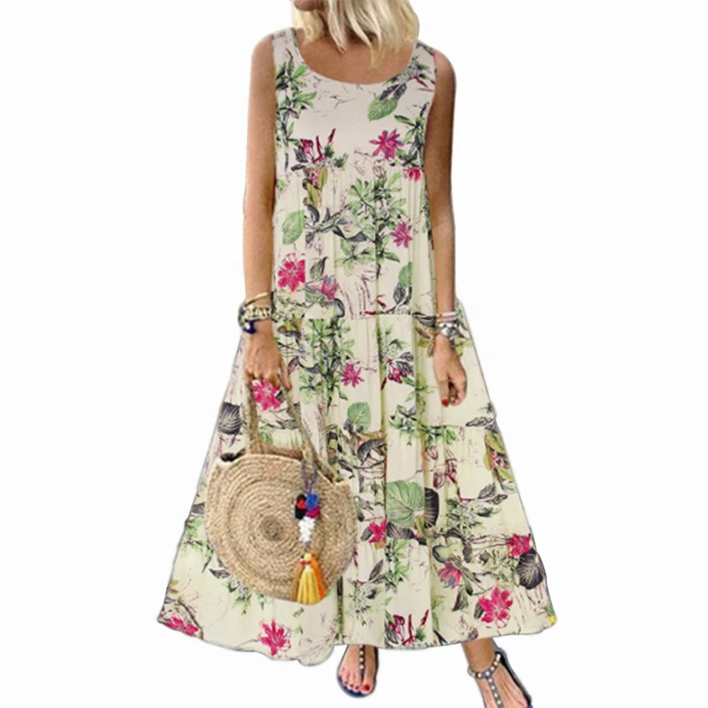 

2021 Summer New fashion vintage sleeveless dress with a round neck