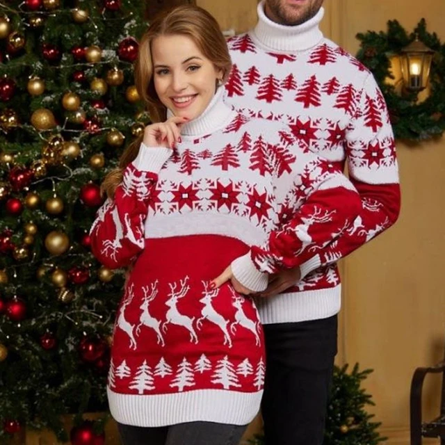 

2023 Christmas Couples Matching Sweaters New Year's Clothes Women Men Unisex Turtleneck Warm Thicken Jumpers Knitwear Pullovers