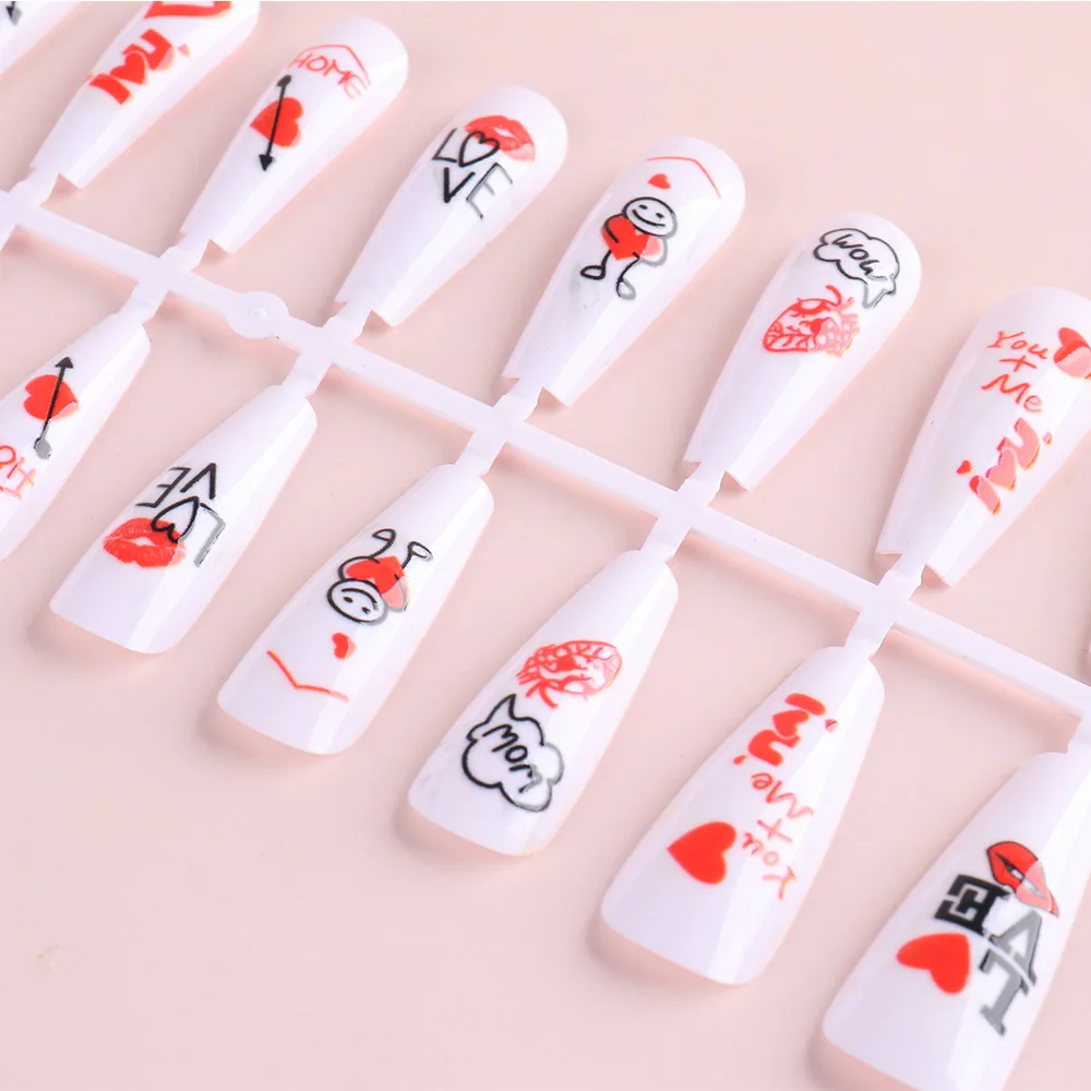 

24pcs White False Nail Valentine's Day Long Ballet Nail Love Print Wearable Artificial Fingernails