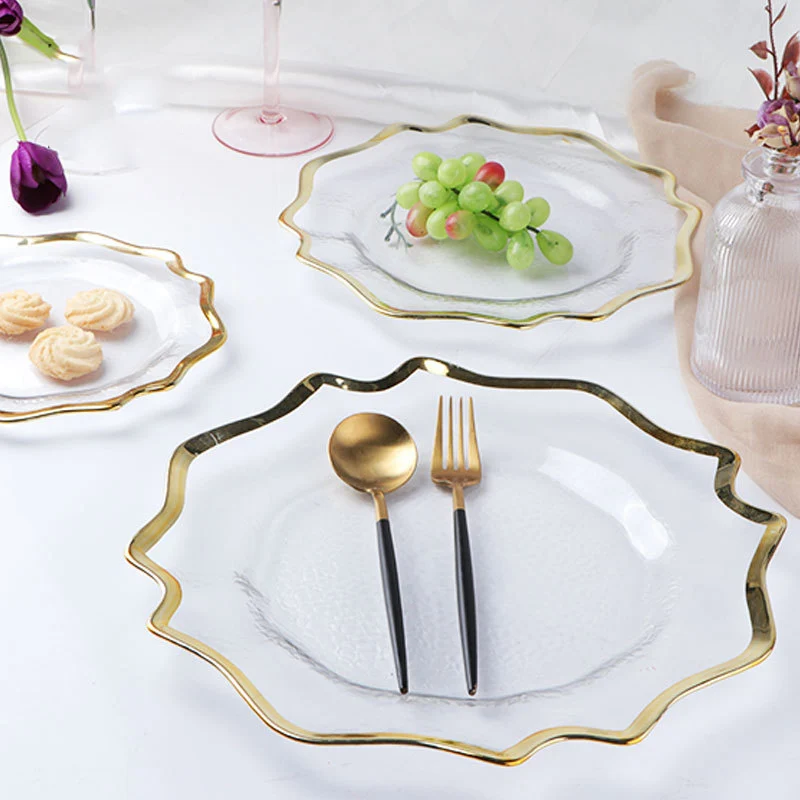 

High Quality 8.5" 10.5" 13" Dinner Under Plate Decorative Glass Gold Rim Chargers Plates for Wedding, Gold,silver,rose gold,blue
