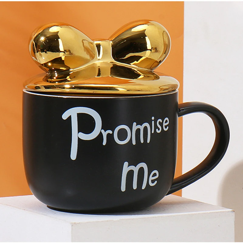

Custom LOGO Creative Design Black/White butterfly Bow Ceramic Mug With Gold Lid, As picture