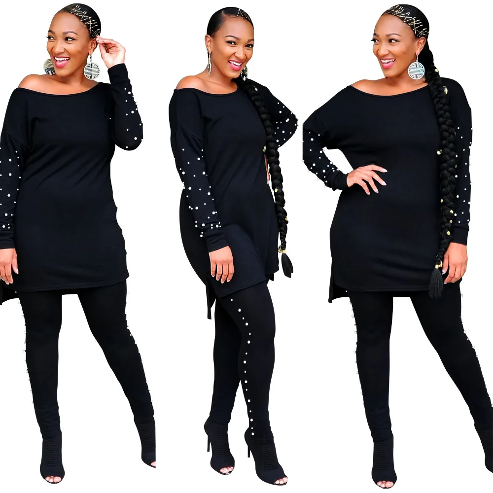 

European American Amazon hot women bubble beads casual loose off-shoulder plus size two-piece sets