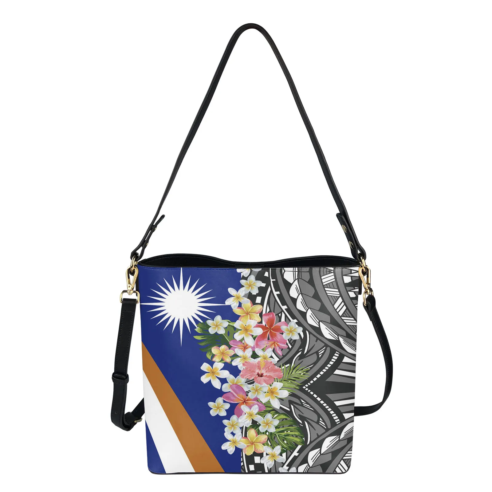 

Polynesian Tribal Plumeria Floral Marshall Islands Custom Print Brand Designs Women Pu Leather Bucket Handbags 2021 Shoulder Bag, Customizable