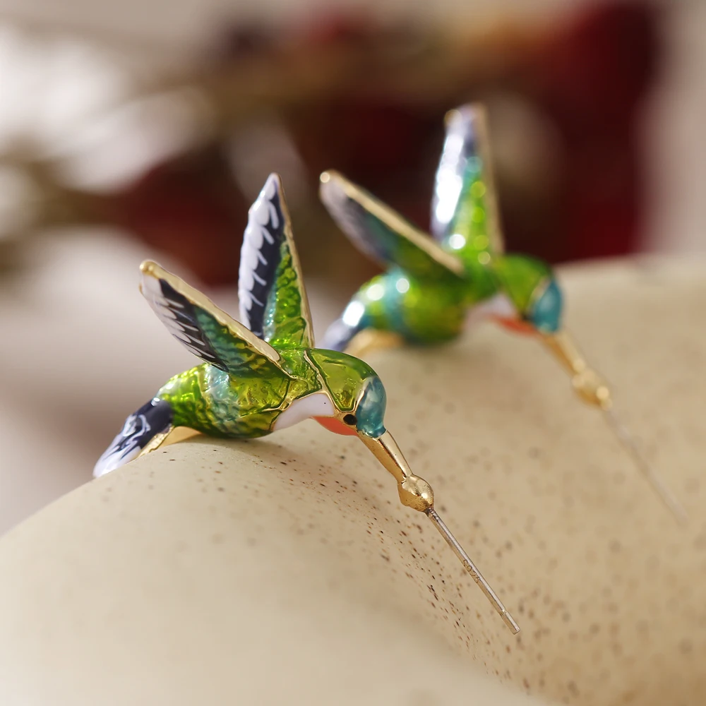 

CAOSHI Unique Style Elegant Enamel Birdie Ear Stud Earrings Bohemia Beautiful Colorful Green Birds Gold Natural Stone Earring